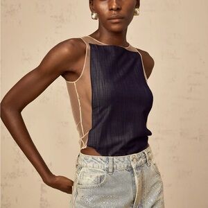 Sleeveless Navy and Beige Mesh Panel Bodysuit